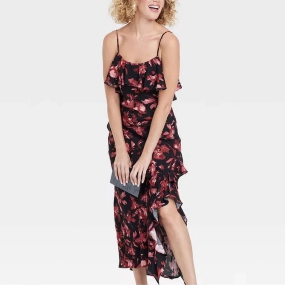 A New Day Womenβs Small Midi Cold Shoulder Floral Black/redβ Dress
